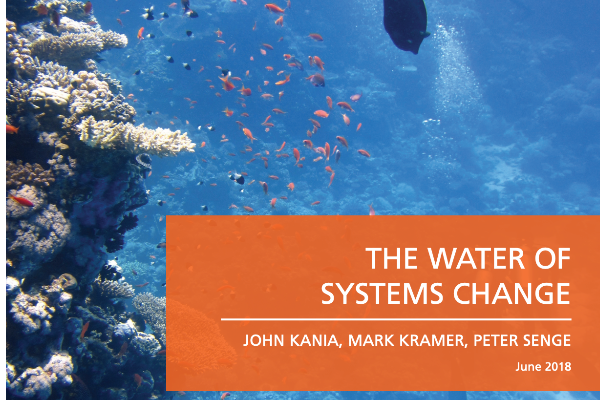 Cover of 'The Water of Systems Change' report by John Kania, Mark Kramer, and Peter Senge, published June 2018. Features an underwater coral reef scene with fish swimming, overlaid with an orange text box containing the title and authors' names.